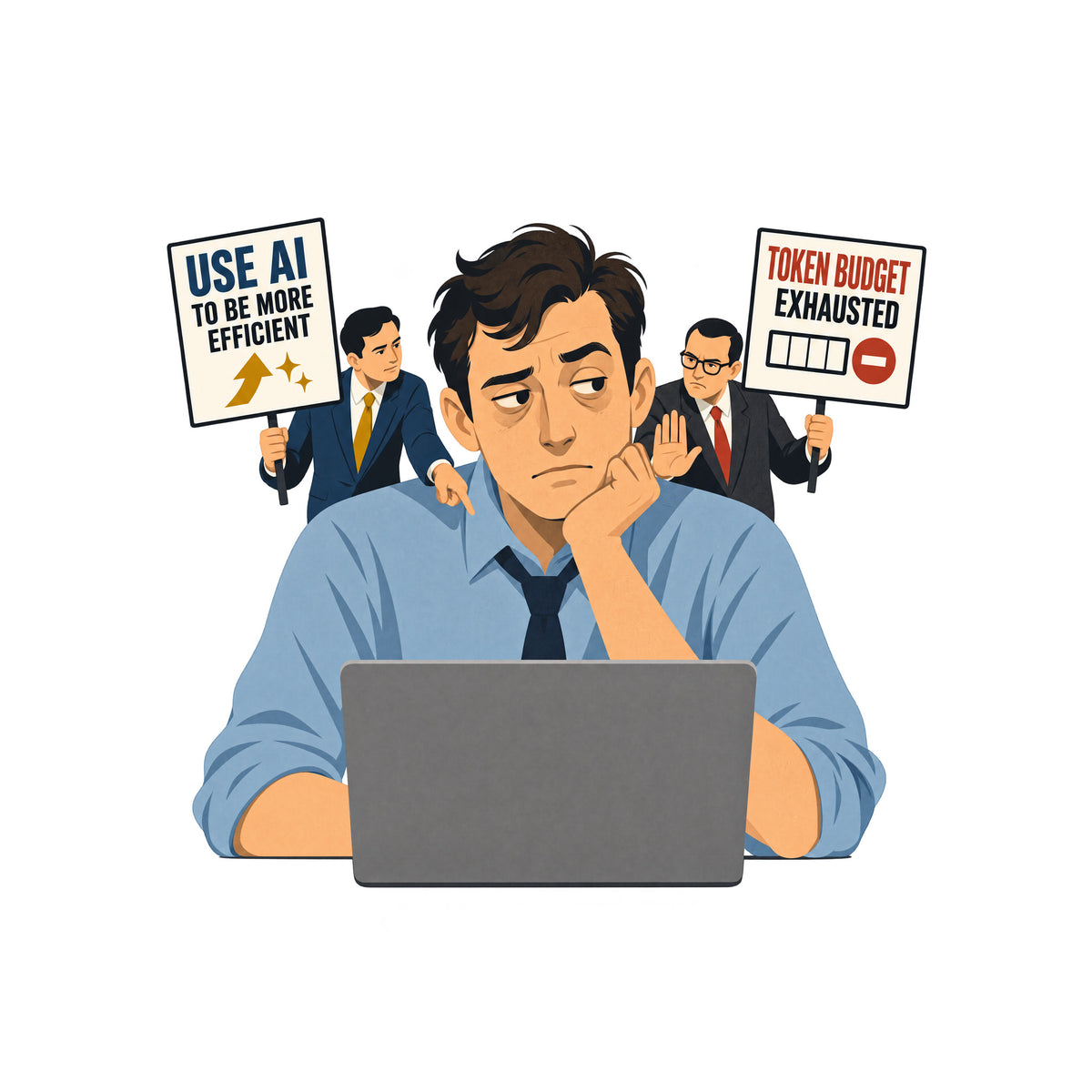 Illustration of a seated office worker at a laptop, flanked by two suited advisers holding signs reading "USE AI TO BE MORE EFFICIENT" with an upward arrow, and "TOKEN BUDGET EXHAUSTED" with an empty meter, in flat mid-century editorial style. Artwork shown on the White garment colour.