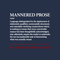 Black serif dictionary entry reading “MANNERED PROSE,” italic “noun,” a definition of elaborately qualified, ceremonially structured language, a brick-red divider, and brick-red text: “SEE ALSO: PLAIN ENGLISH, PLEASE?” Artwork shown on the Navy garment colour.