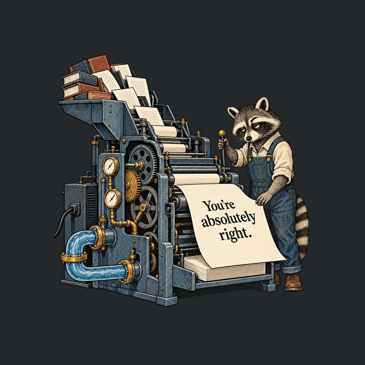 Illustration of a large industrial printing machine fed by books and loose pages, with gauges, gears and a water pipe, operated by a weary raccoon in rolled-sleeve overalls pulling a lever beside a large sheet reading "You're absolutely right." Artwork shown on the Black garment colour.