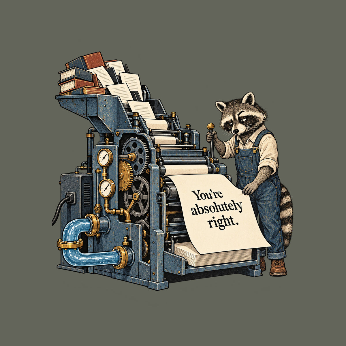 Illustration of a large industrial printing machine fed by books and loose pages, with gauges, gears and a water pipe, operated by a weary raccoon in rolled-sleeve overalls pulling a lever beside a large sheet reading "You're absolutely right." Artwork shown on the Military Green garment colour.