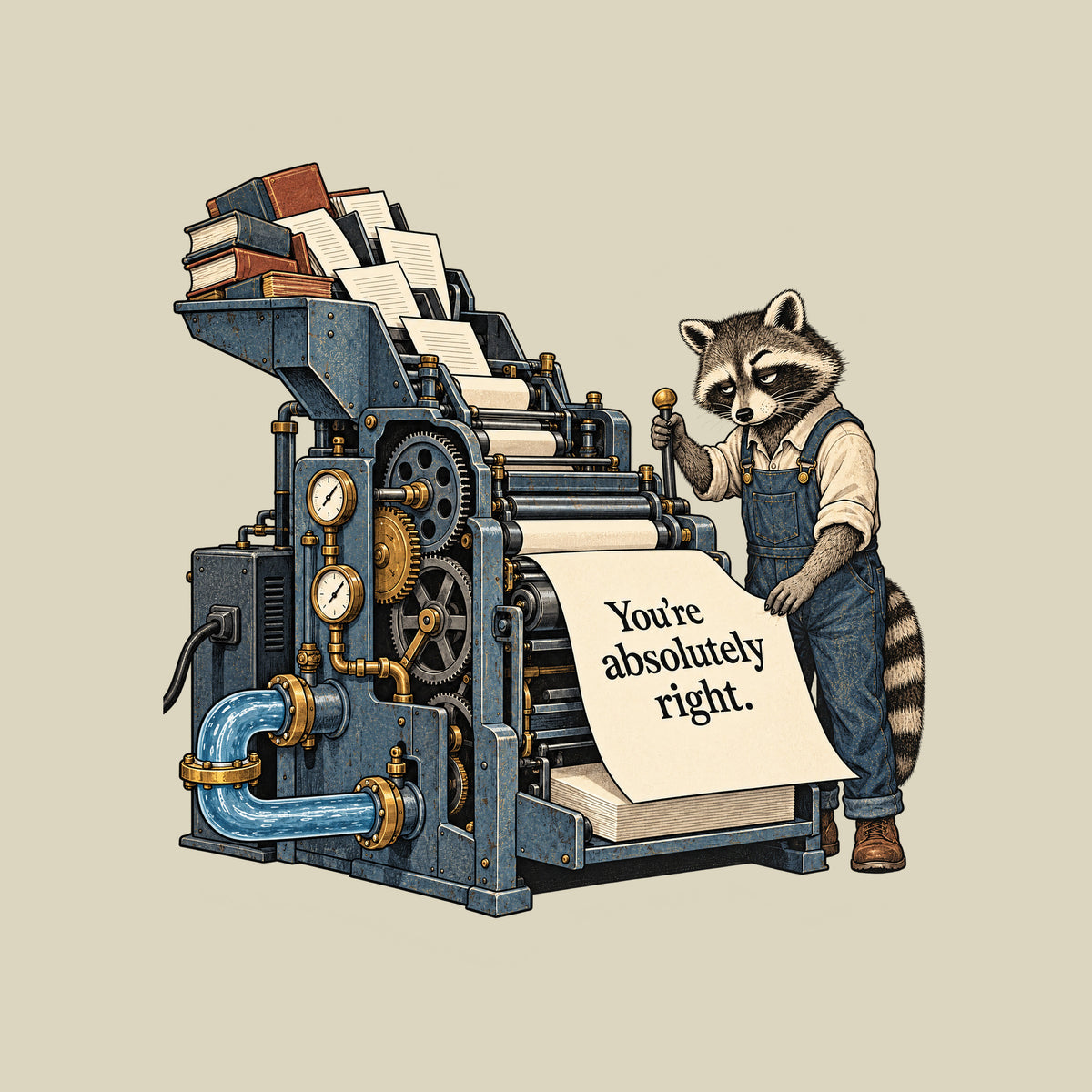 Illustration of a large industrial printing machine fed by books and loose pages, with gauges, gears and a water pipe, operated by a weary raccoon in rolled-sleeve overalls pulling a lever beside a large sheet reading "You're absolutely right." Artwork shown on the Natural garment colour.