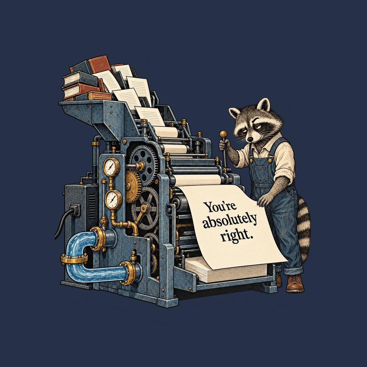 Illustration of a large industrial printing machine fed by books and loose pages, with gauges, gears and a water pipe, operated by a weary raccoon in rolled-sleeve overalls pulling a lever beside a large sheet reading "You're absolutely right." Artwork shown on the Navy garment colour.