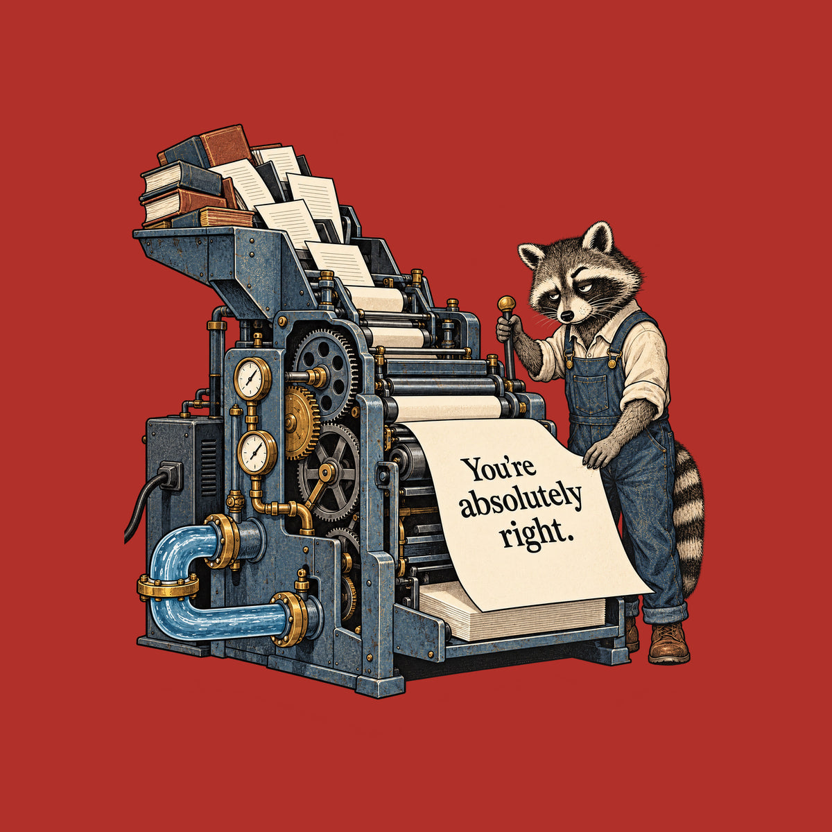 Illustration of a large industrial printing machine fed by books and loose pages, with gauges, gears and a water pipe, operated by a weary raccoon in rolled-sleeve overalls pulling a lever beside a large sheet reading "You're absolutely right." Artwork shown on the Red garment colour.