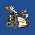 Illustration of a large industrial printing machine fed by books and loose pages, with gauges, gears and a water pipe, operated by a weary raccoon in rolled-sleeve overalls pulling a lever beside a large sheet reading "You're absolutely right." Artwork shown on the Royal garment colour.