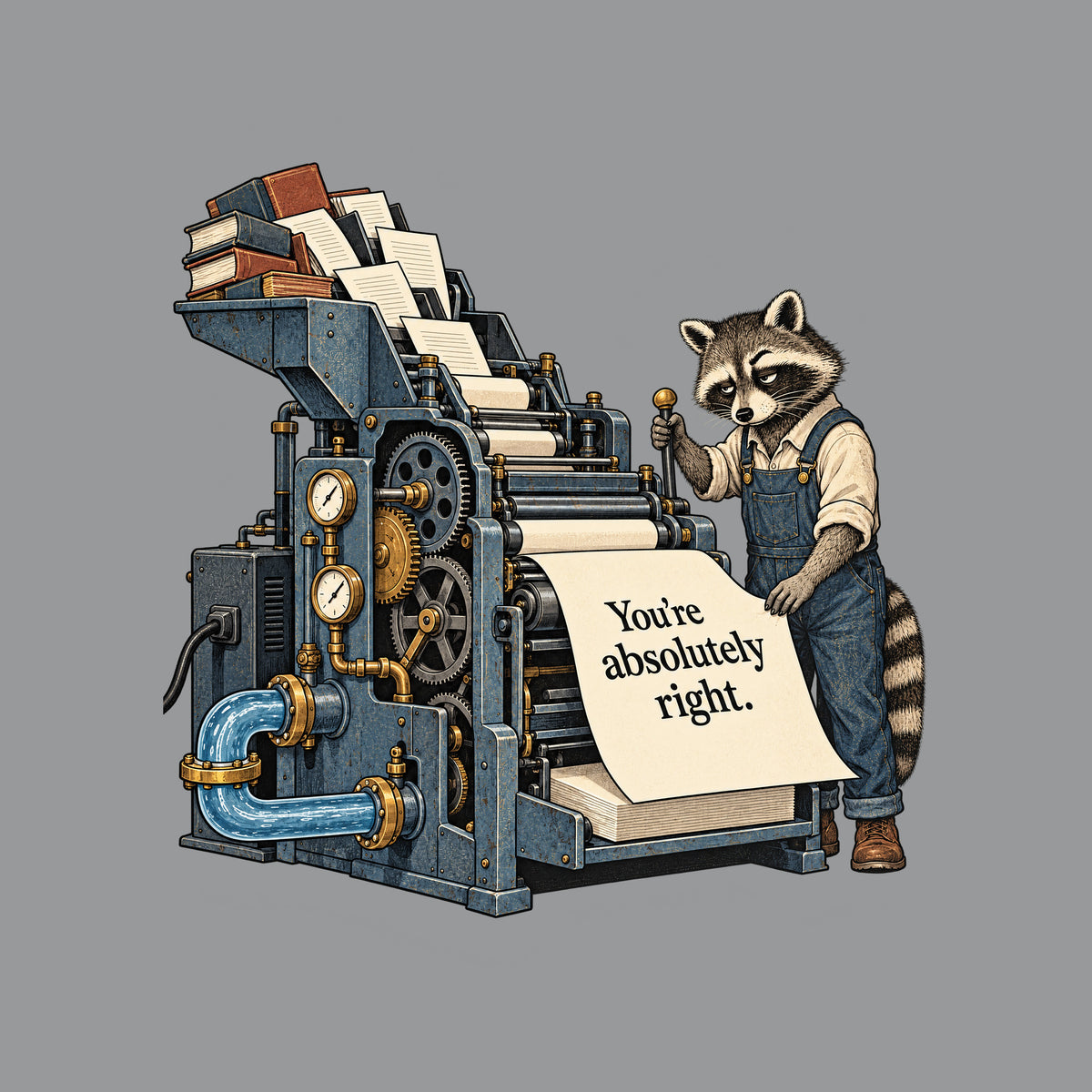 Illustration of a large industrial printing machine fed by books and loose pages, with gauges, gears and a water pipe, operated by a weary raccoon in rolled-sleeve overalls pulling a lever beside a large sheet reading "You're absolutely right." Artwork shown on the Sport Grey garment colour.