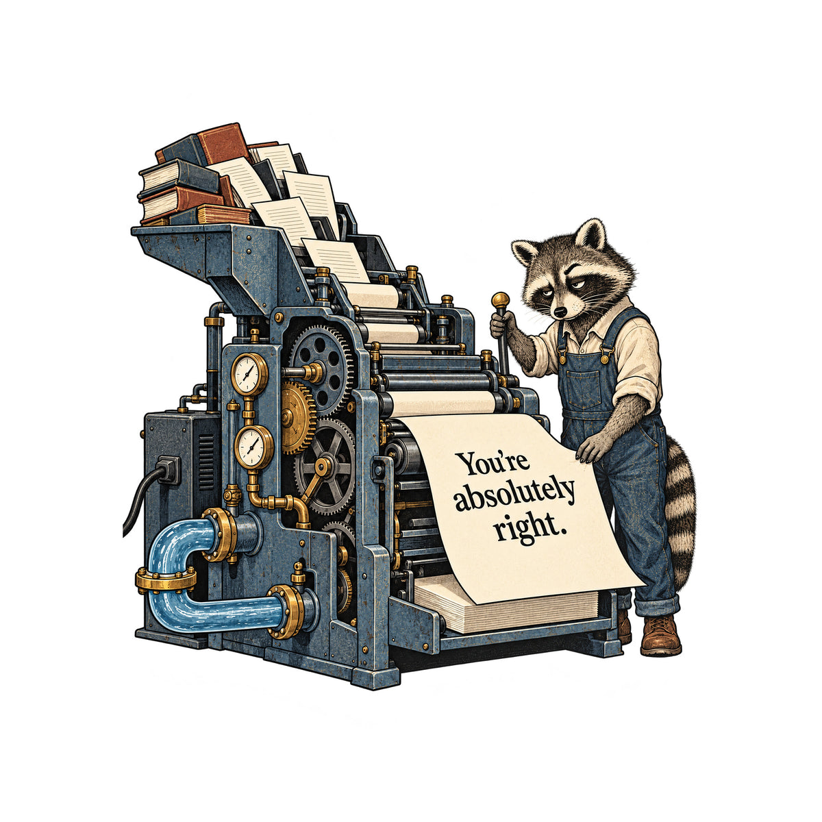 Illustration of a large industrial printing machine fed by books and loose pages, with gauges, gears and a water pipe, operated by a weary raccoon in rolled-sleeve overalls pulling a lever beside a large sheet reading "You're absolutely right." Artwork shown on the White garment colour.