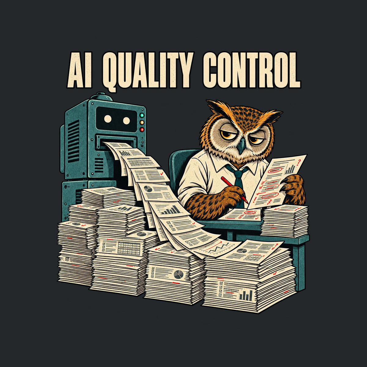 Illustration of a weary owl in a shirt and tie at a desk, red pencil marking a page covered in red corrections, beside a machine ejecting a stream of pages onto tall stacks, under the headline 'AI QUALITY CONTROL'. Artwork shown on the Black garment colour.