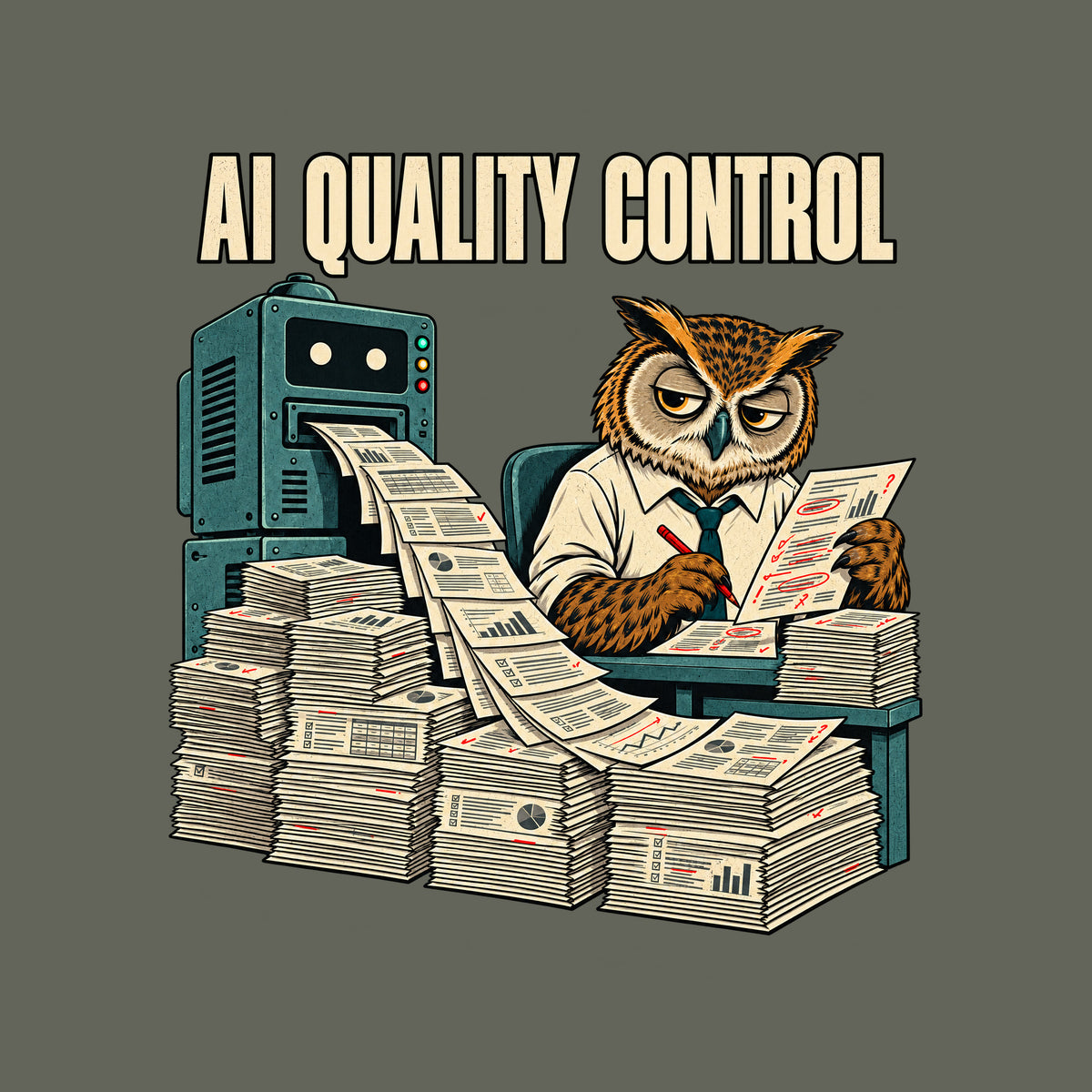 Illustration of a weary owl in a shirt and tie at a desk, red pencil marking a page covered in red corrections, beside a machine ejecting a stream of pages onto tall stacks, under the headline 'AI QUALITY CONTROL'. Artwork shown on the Military Green garment colour.