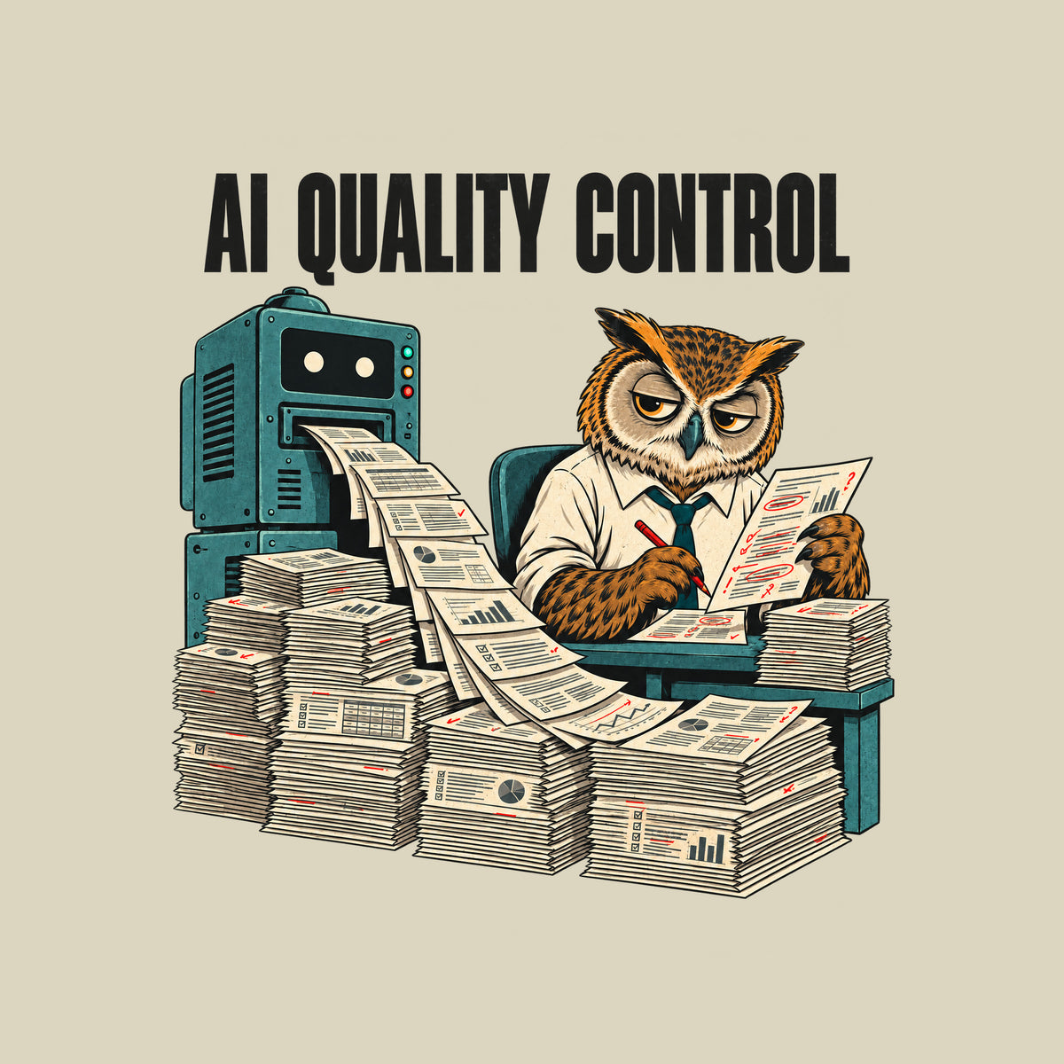 Illustration of a weary owl in a shirt and tie at a desk, red pencil marking a page covered in red corrections, beside a machine ejecting a stream of pages onto tall stacks, under the headline 'AI QUALITY CONTROL'. Artwork shown on the Natural garment colour.