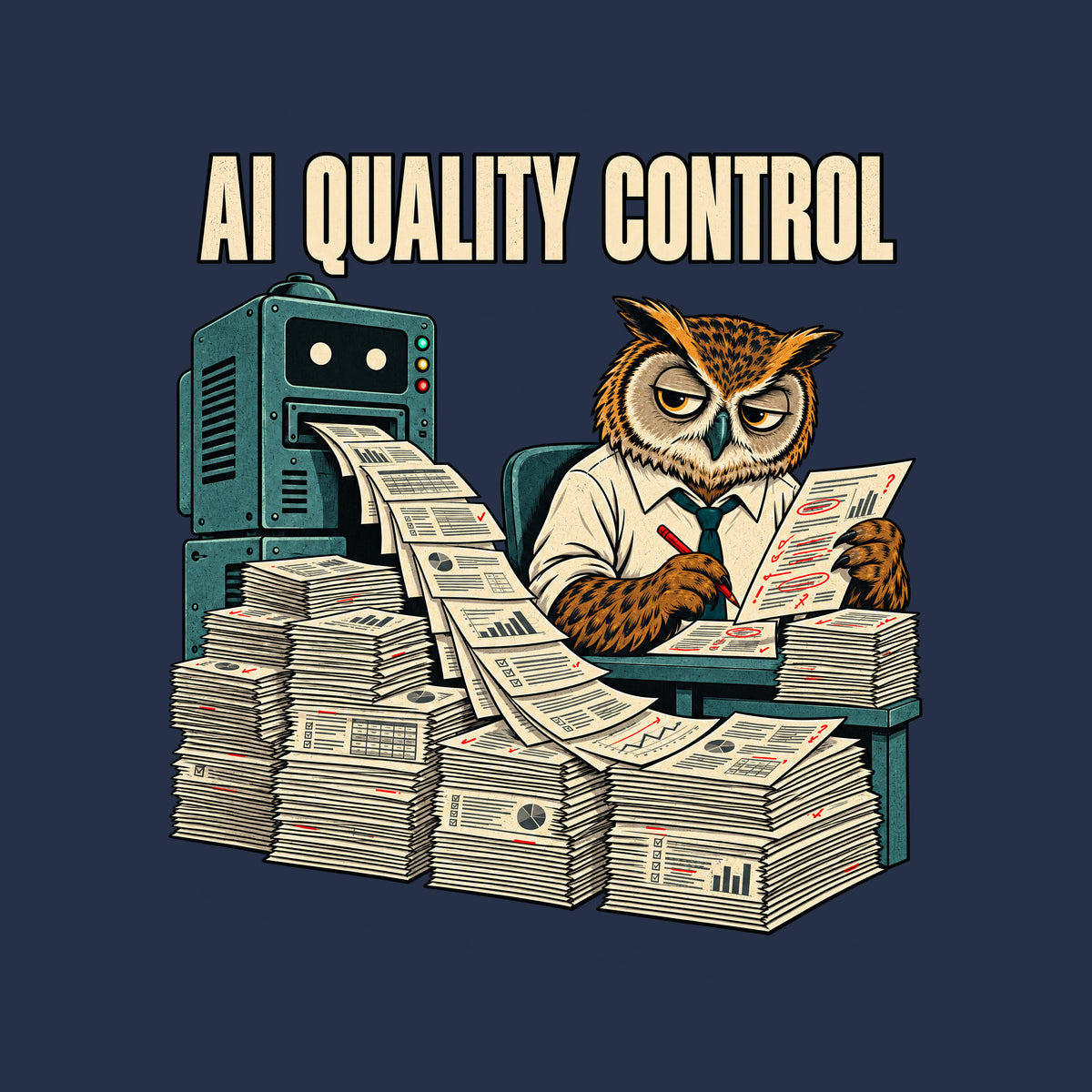 Illustration of a weary owl in a shirt and tie at a desk, red pencil marking a page covered in red corrections, beside a machine ejecting a stream of pages onto tall stacks, under the headline 'AI QUALITY CONTROL'. Artwork shown on the Navy garment colour.