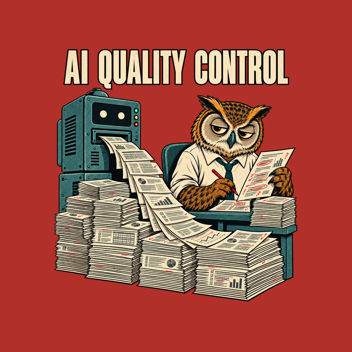 Illustration of a weary owl in a shirt and tie at a desk, red pencil marking a page covered in red corrections, beside a machine ejecting a stream of pages onto tall stacks, under the headline 'AI QUALITY CONTROL'. Artwork shown on the Red garment colour.