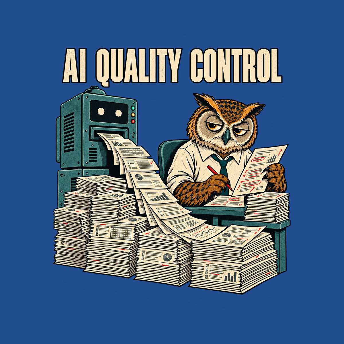 Illustration of a weary owl in a shirt and tie at a desk, red pencil marking a page covered in red corrections, beside a machine ejecting a stream of pages onto tall stacks, under the headline 'AI QUALITY CONTROL'. Artwork shown on the Royal garment colour.