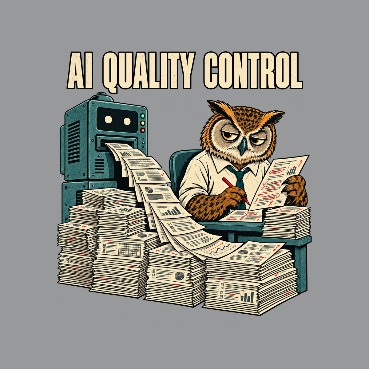 Illustration of a weary owl in a shirt and tie at a desk, red pencil marking a page covered in red corrections, beside a machine ejecting a stream of pages onto tall stacks, under the headline 'AI QUALITY CONTROL'. Artwork shown on the Sport Grey garment colour.
