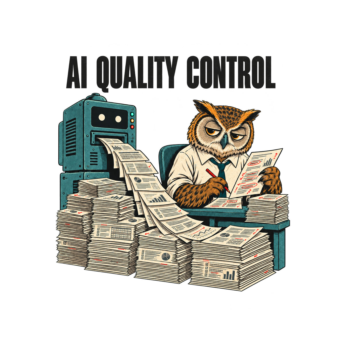 Illustration of a weary owl in a shirt and tie at a desk, red pencil marking a page covered in red corrections, beside a machine ejecting a stream of pages onto tall stacks, under the headline 'AI QUALITY CONTROL'. Artwork shown on the White garment colour.