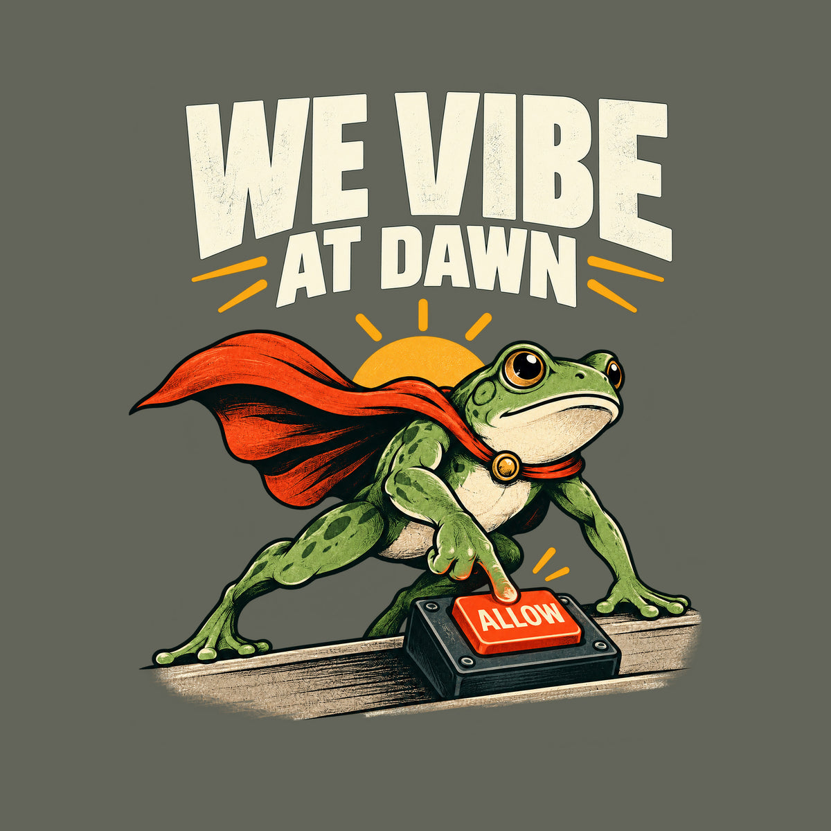 Illustration of a green frog in a red cape pressing a glowing red "ALLOW" button on a small desktop controller, with a rising sun behind it and the bold headline "WE VIBE AT DAWN" above, on a plain cream background. Artwork shown on the Military Green garment colour.