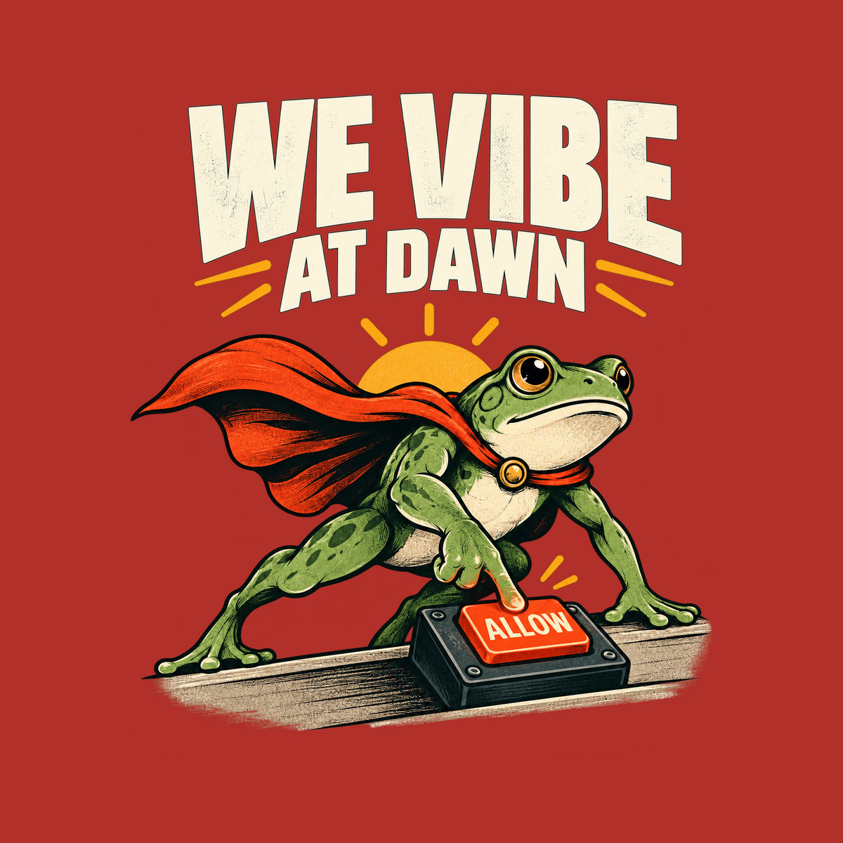 Illustration of a green frog in a red cape pressing a glowing red "ALLOW" button on a small desktop controller, with a rising sun behind it and the bold headline "WE VIBE AT DAWN" above, on a plain cream background. Artwork shown on the Red garment colour.