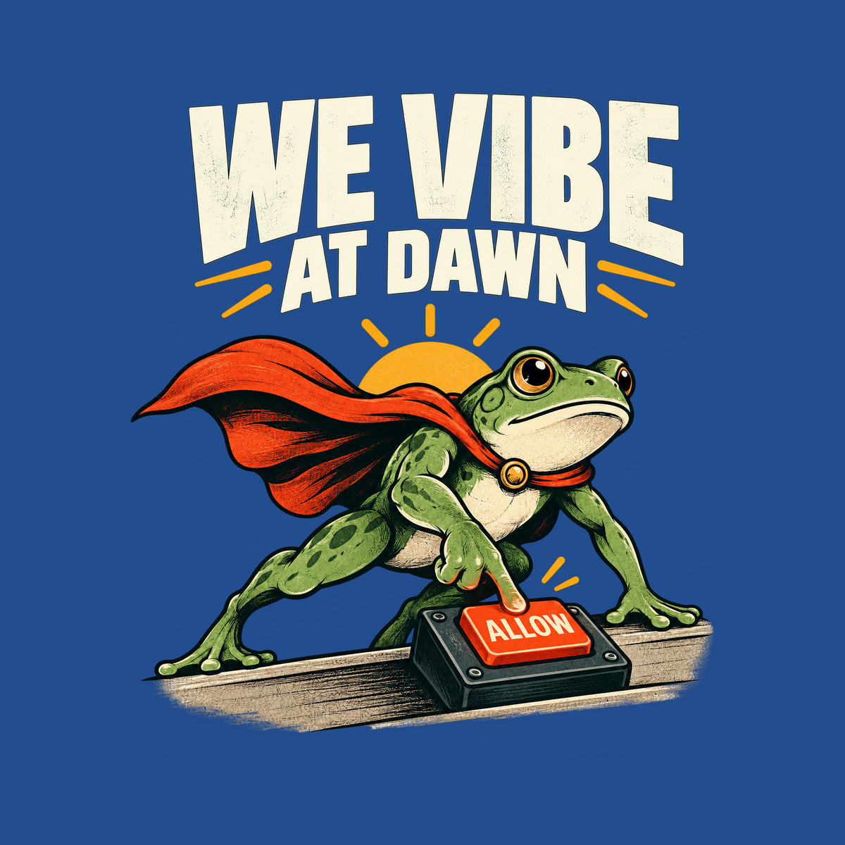 Illustration of a green frog in a red cape pressing a glowing red "ALLOW" button on a small desktop controller, with a rising sun behind it and the bold headline "WE VIBE AT DAWN" above, on a plain cream background. Artwork shown on the Royal garment colour.