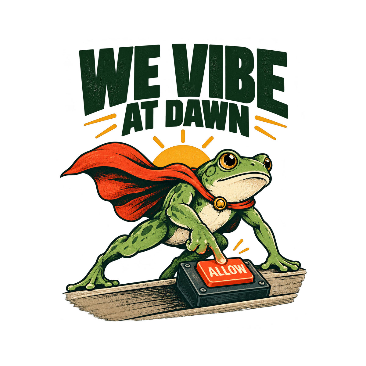 Illustration of a green frog in a red cape pressing a glowing red "ALLOW" button on a small desktop controller, with a rising sun behind it and the bold headline "WE VIBE AT DAWN" above, on a plain cream background. Artwork shown on the White garment colour.