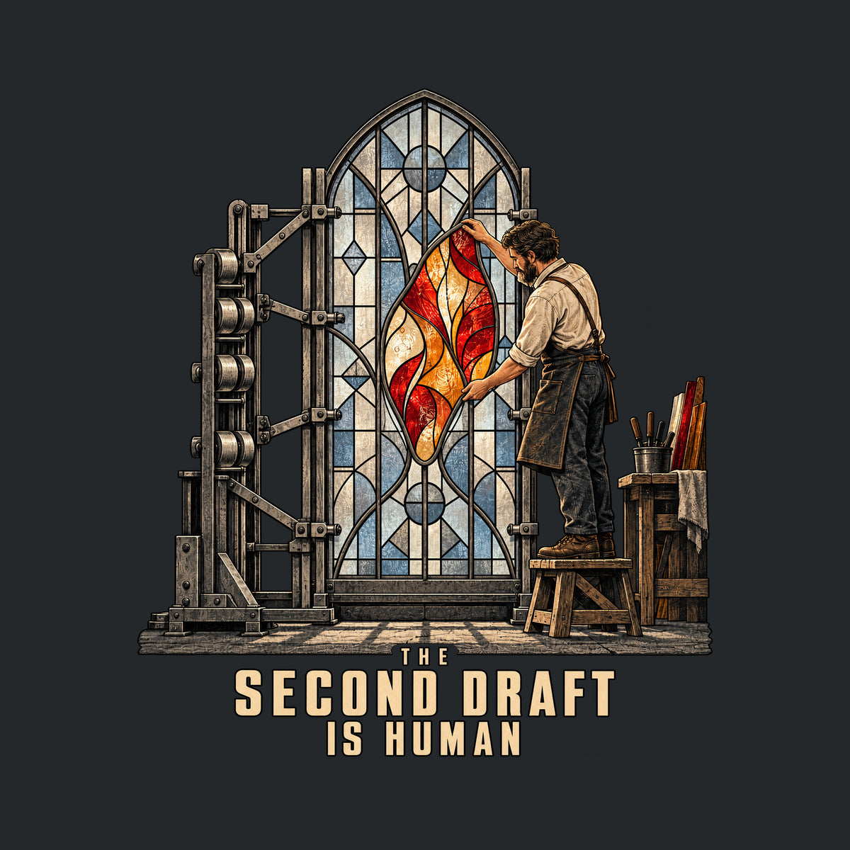 Illustration of a mechanical rig assembling a stained-glass window's pale blue-gray panes while a bearded artisan in an apron installs a glowing ruby, amber and cream center panel by hand. Text below reads THE SECOND DRAFT IS HUMAN. Artwork shown on the Black garment colour.