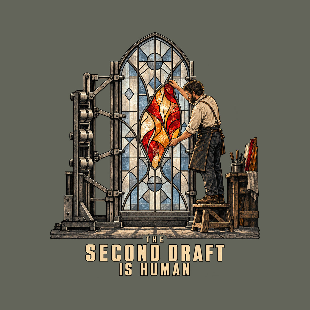 Illustration of a mechanical rig assembling a stained-glass window's pale blue-gray panes while a bearded artisan in an apron installs a glowing ruby, amber and cream center panel by hand. Text below reads THE SECOND DRAFT IS HUMAN. Artwork shown on the Military Green garment colour.