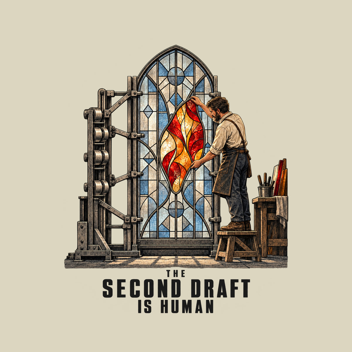 Illustration of a mechanical rig assembling a stained-glass window's pale blue-gray panes while a bearded artisan in an apron installs a glowing ruby, amber and cream center panel by hand. Text below reads THE SECOND DRAFT IS HUMAN. Artwork shown on the Natural garment colour.