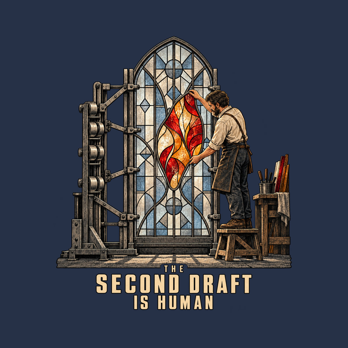 Illustration of a mechanical rig assembling a stained-glass window's pale blue-gray panes while a bearded artisan in an apron installs a glowing ruby, amber and cream center panel by hand. Text below reads THE SECOND DRAFT IS HUMAN. Artwork shown on the Navy garment colour.