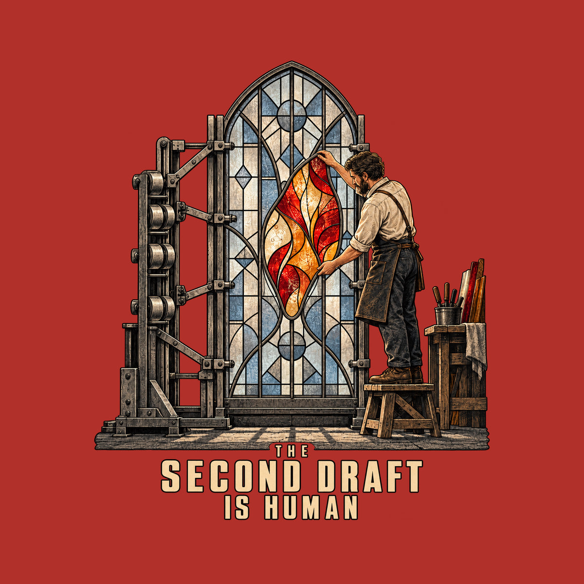 Illustration of a mechanical rig assembling a stained-glass window's pale blue-gray panes while a bearded artisan in an apron installs a glowing ruby, amber and cream center panel by hand. Text below reads THE SECOND DRAFT IS HUMAN. Artwork shown on the Red garment colour.
