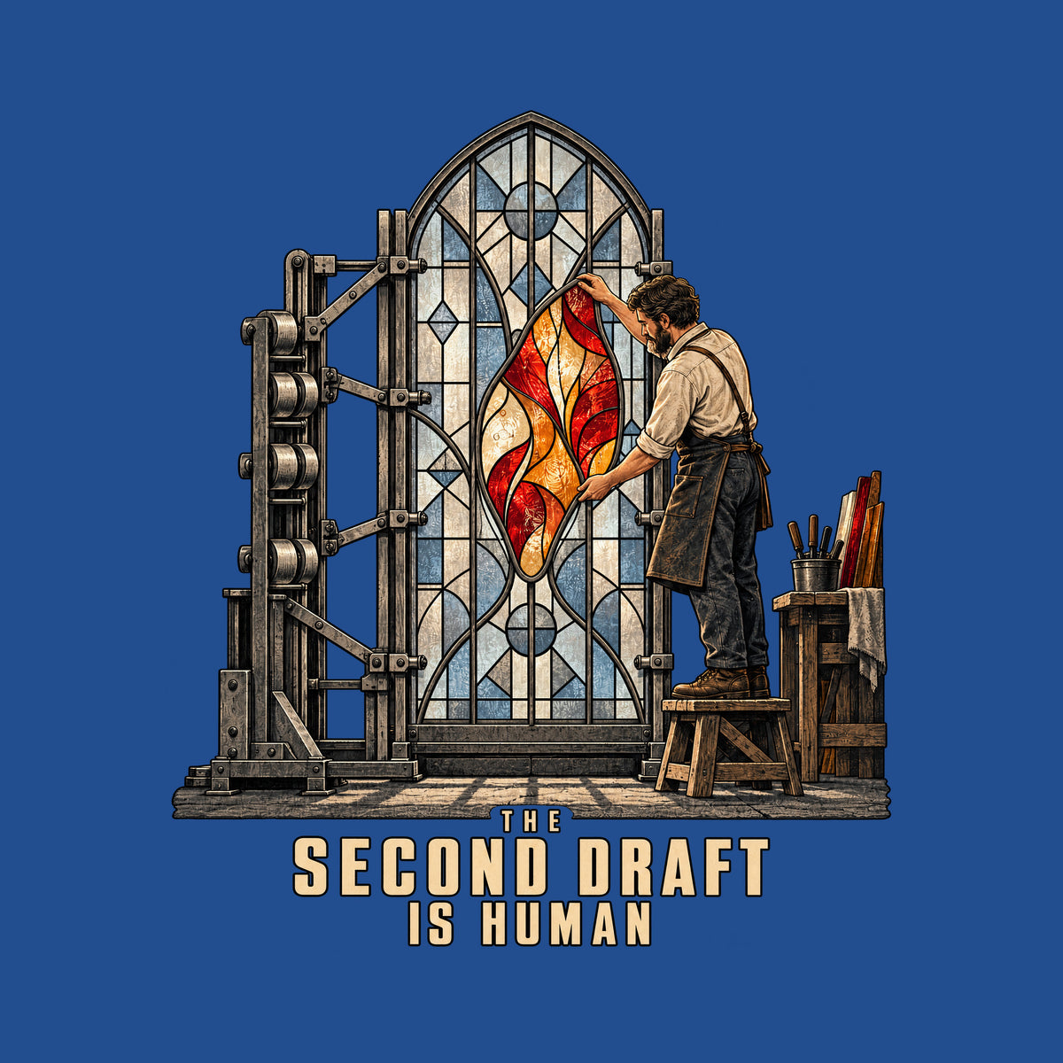 Illustration of a mechanical rig assembling a stained-glass window's pale blue-gray panes while a bearded artisan in an apron installs a glowing ruby, amber and cream center panel by hand. Text below reads THE SECOND DRAFT IS HUMAN. Artwork shown on the Royal garment colour.