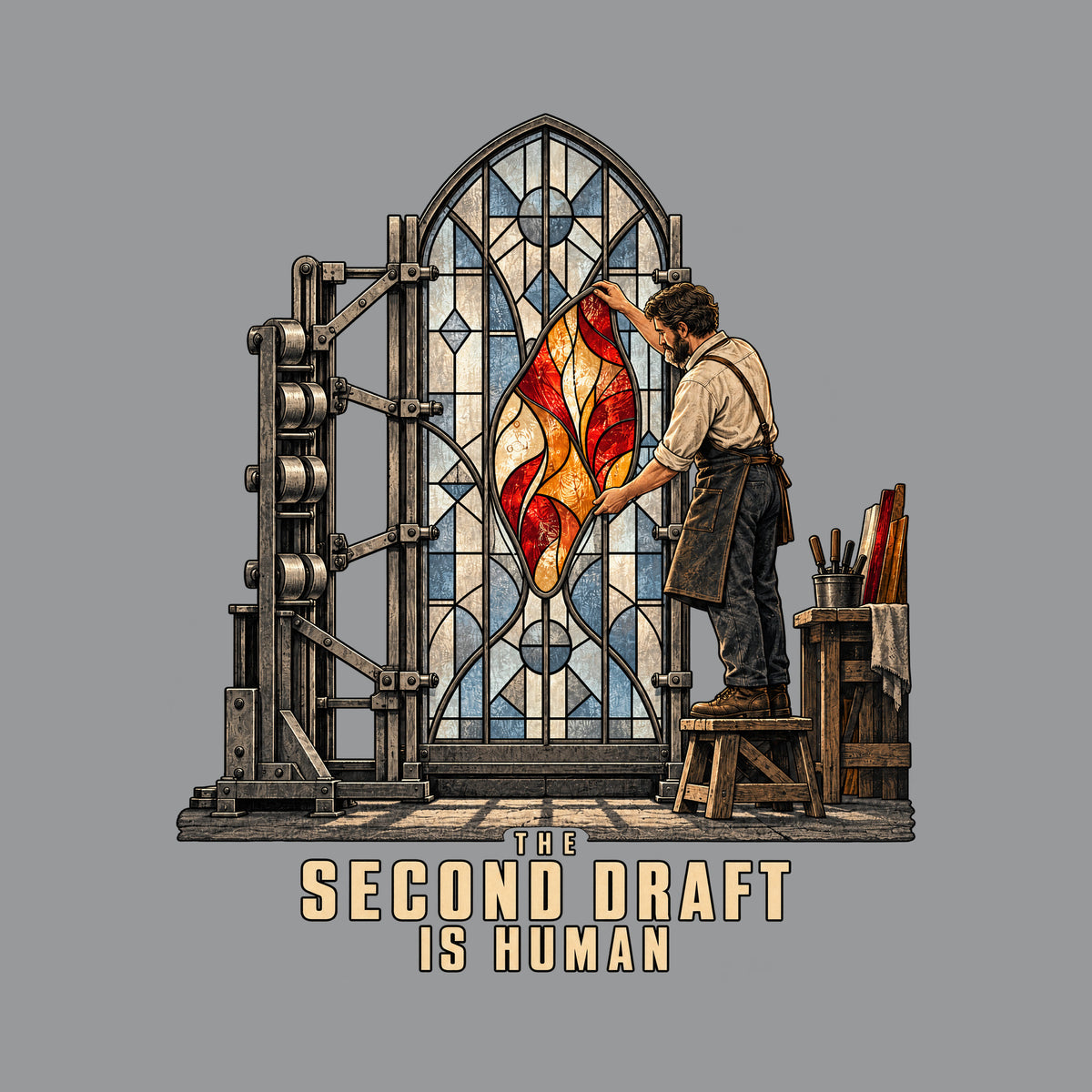 Illustration of a mechanical rig assembling a stained-glass window's pale blue-gray panes while a bearded artisan in an apron installs a glowing ruby, amber and cream center panel by hand. Text below reads THE SECOND DRAFT IS HUMAN. Artwork shown on the Sport Grey garment colour.