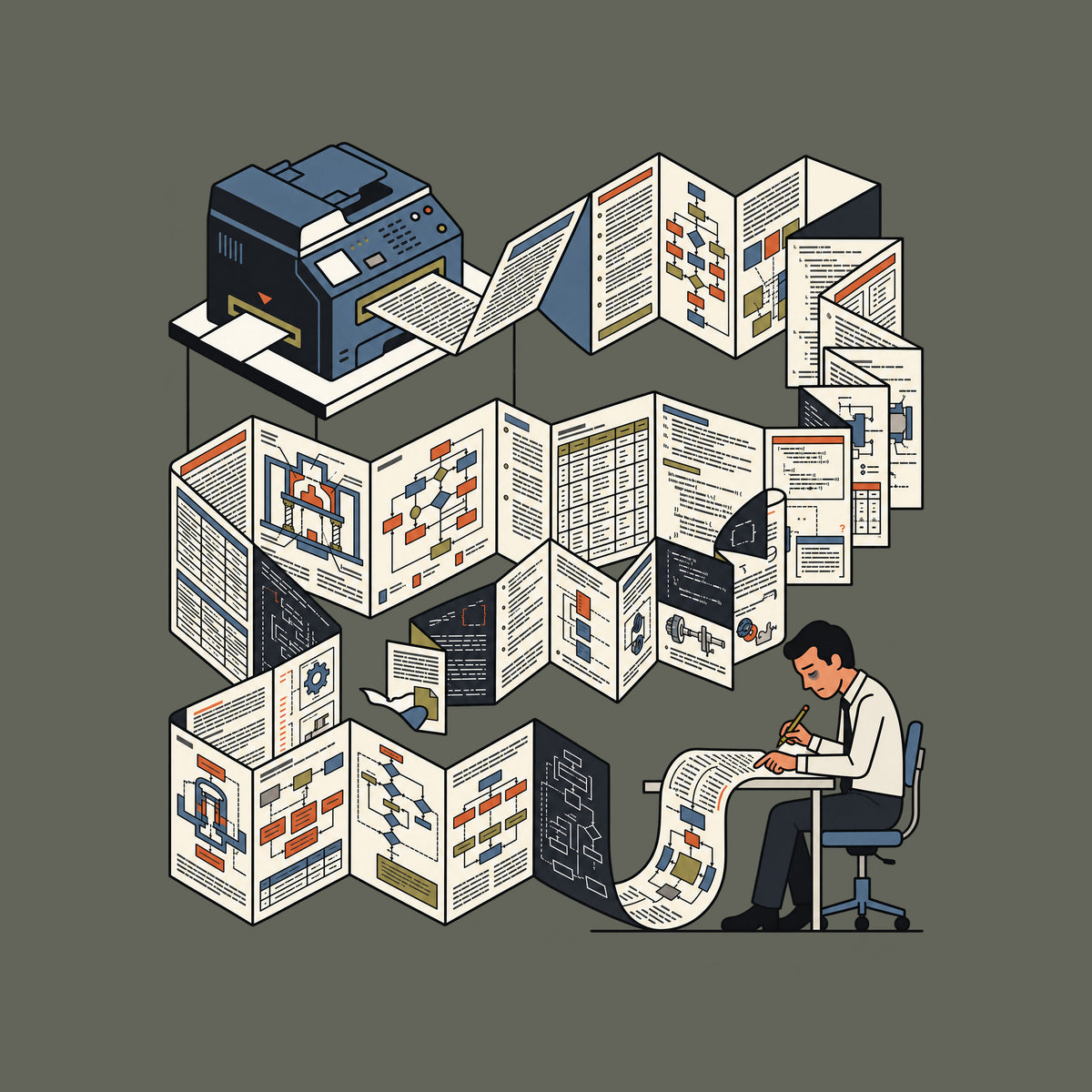 Line-art illustration of a printer-like machine feeding an endless accordion-folded output covered in diagrams, flowcharts, tables and code-like blocks, unspooling toward a hunched, tired man at a desk holding a pencil over the paper. Artwork shown on the Military Green garment colour.
