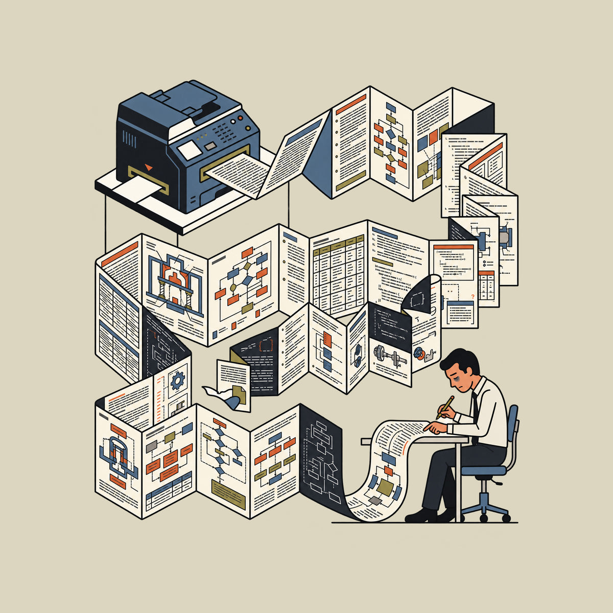 Line-art illustration of a printer-like machine feeding an endless accordion-folded output covered in diagrams, flowcharts, tables and code-like blocks, unspooling toward a hunched, tired man at a desk holding a pencil over the paper. Artwork shown on the Natural garment colour.