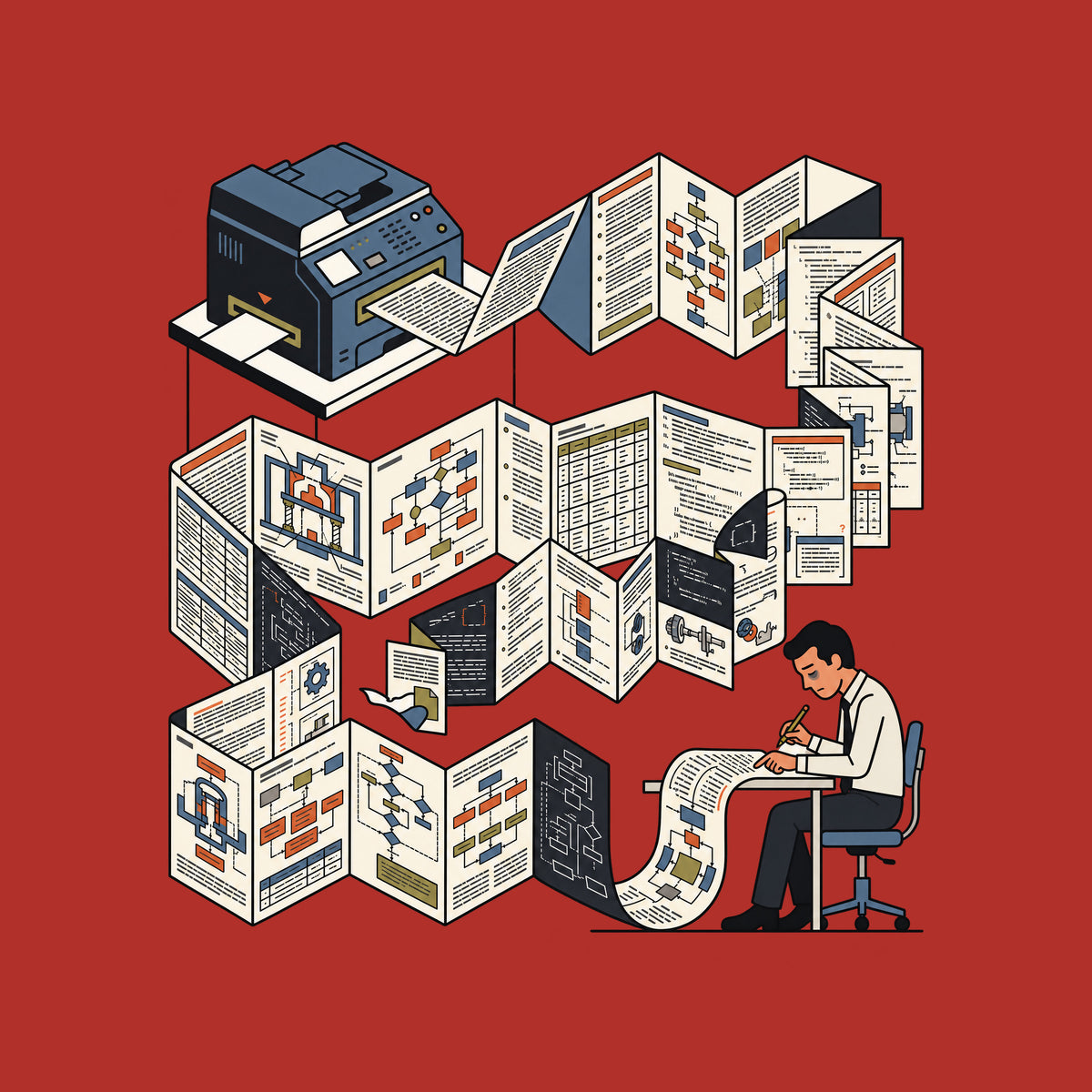 Line-art illustration of a printer-like machine feeding an endless accordion-folded output covered in diagrams, flowcharts, tables and code-like blocks, unspooling toward a hunched, tired man at a desk holding a pencil over the paper. Artwork shown on the Red garment colour.