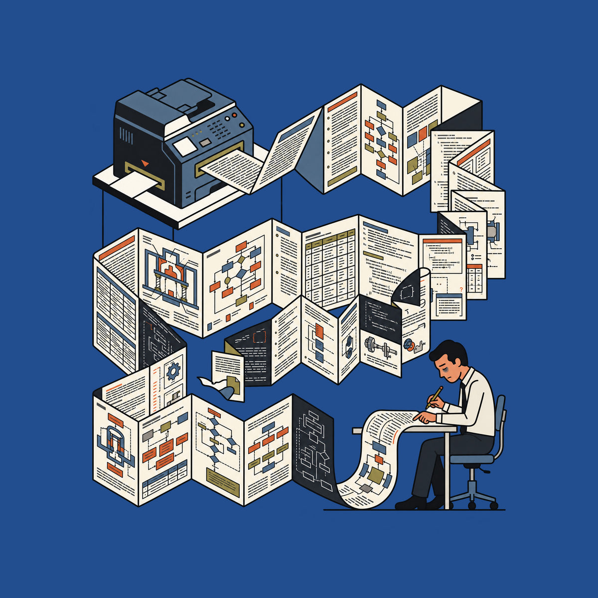 Line-art illustration of a printer-like machine feeding an endless accordion-folded output covered in diagrams, flowcharts, tables and code-like blocks, unspooling toward a hunched, tired man at a desk holding a pencil over the paper. Artwork shown on the Royal garment colour.