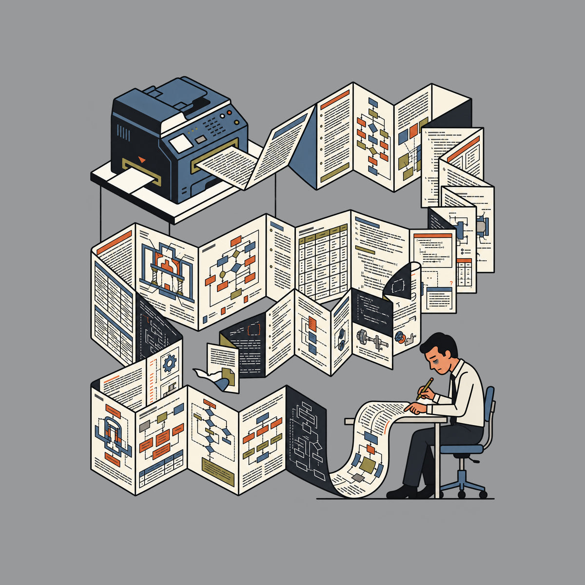 Line-art illustration of a printer-like machine feeding an endless accordion-folded output covered in diagrams, flowcharts, tables and code-like blocks, unspooling toward a hunched, tired man at a desk holding a pencil over the paper. Artwork shown on the Sport Grey garment colour.