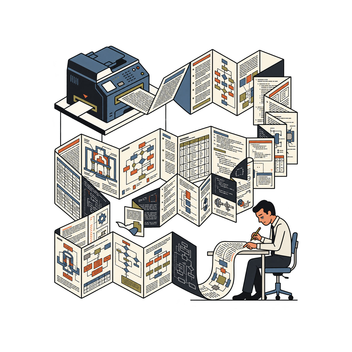 Line-art illustration of a printer-like machine feeding an endless accordion-folded output covered in diagrams, flowcharts, tables and code-like blocks, unspooling toward a hunched, tired man at a desk holding a pencil over the paper. Artwork shown on the White garment colour.