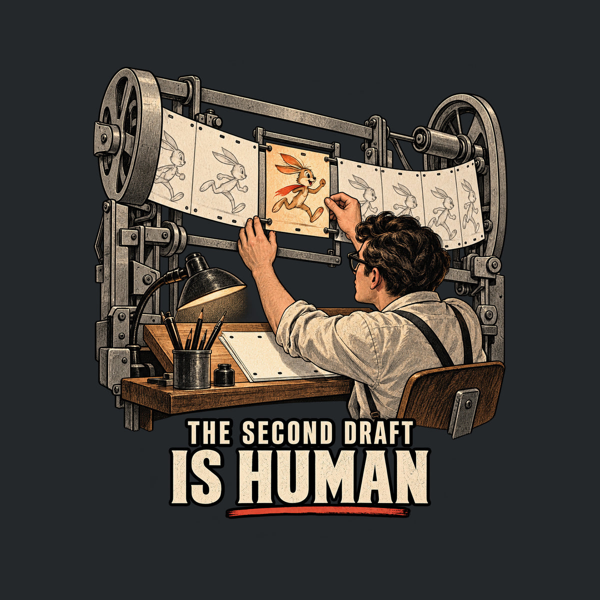 A machine feeds a strip of pale, identical rabbit-frames. An animator slides in one vivid orange keyframe of the same rabbit, alive with expression. Below: THE SECOND DRAFT (small), IS HUMAN (large), underlined in vermilion. Artwork shown on the Black garment colour.