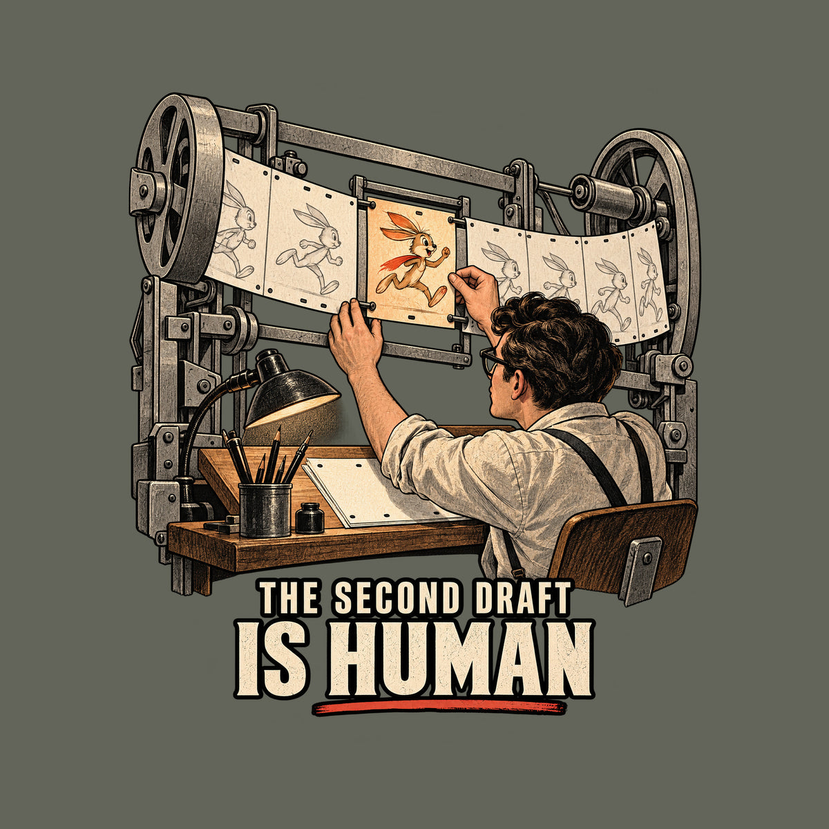 A machine feeds a strip of pale, identical rabbit-frames. An animator slides in one vivid orange keyframe of the same rabbit, alive with expression. Below: THE SECOND DRAFT (small), IS HUMAN (large), underlined in vermilion. Artwork shown on the Military Green garment colour.