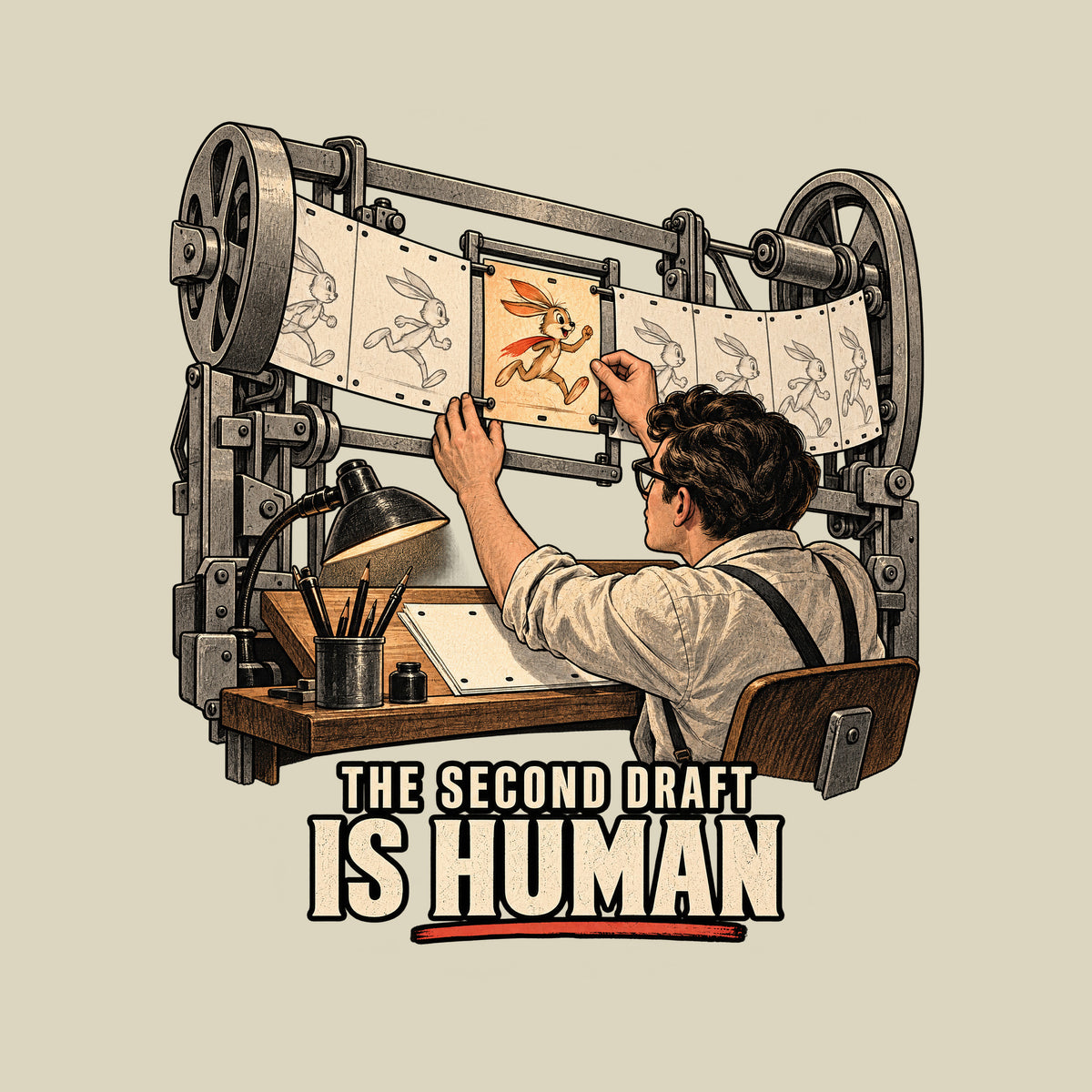 A machine feeds a strip of pale, identical rabbit-frames. An animator slides in one vivid orange keyframe of the same rabbit, alive with expression. Below: THE SECOND DRAFT (small), IS HUMAN (large), underlined in vermilion. Artwork shown on the Natural garment colour.