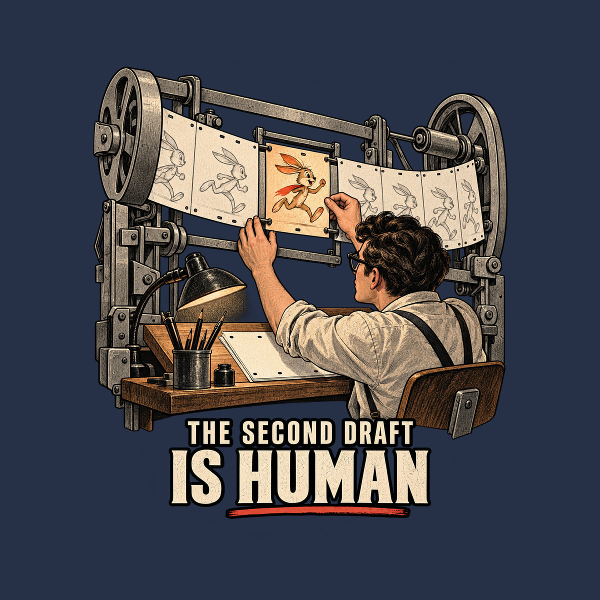 A machine feeds a strip of pale, identical rabbit-frames. An animator slides in one vivid orange keyframe of the same rabbit, alive with expression. Below: THE SECOND DRAFT (small), IS HUMAN (large), underlined in vermilion. Artwork shown on the Navy garment colour.