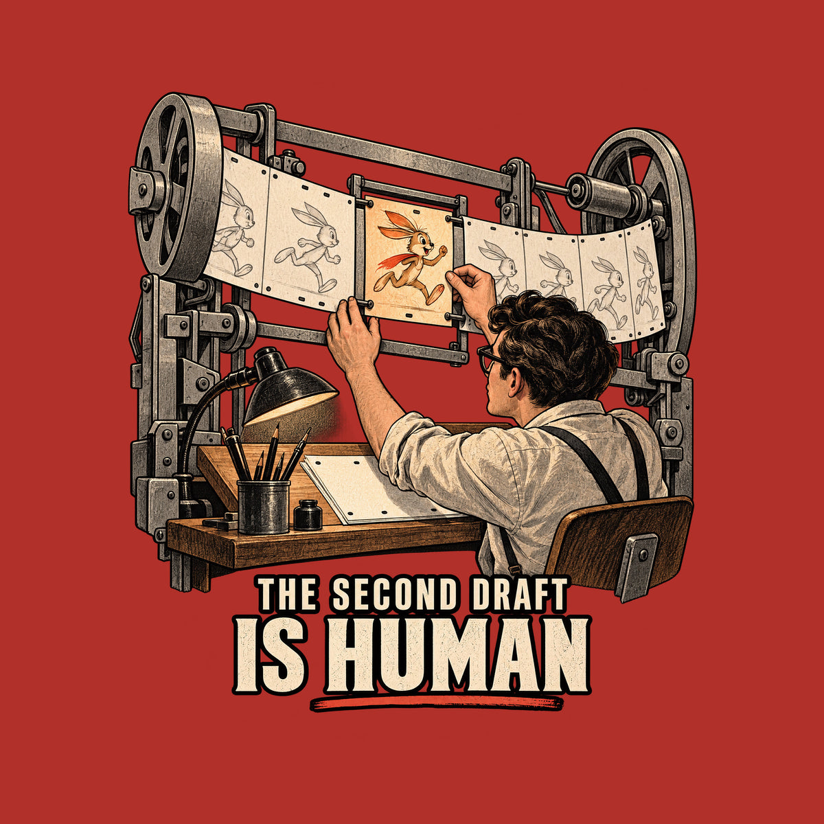 A machine feeds a strip of pale, identical rabbit-frames. An animator slides in one vivid orange keyframe of the same rabbit, alive with expression. Below: THE SECOND DRAFT (small), IS HUMAN (large), underlined in vermilion. Artwork shown on the Red garment colour.