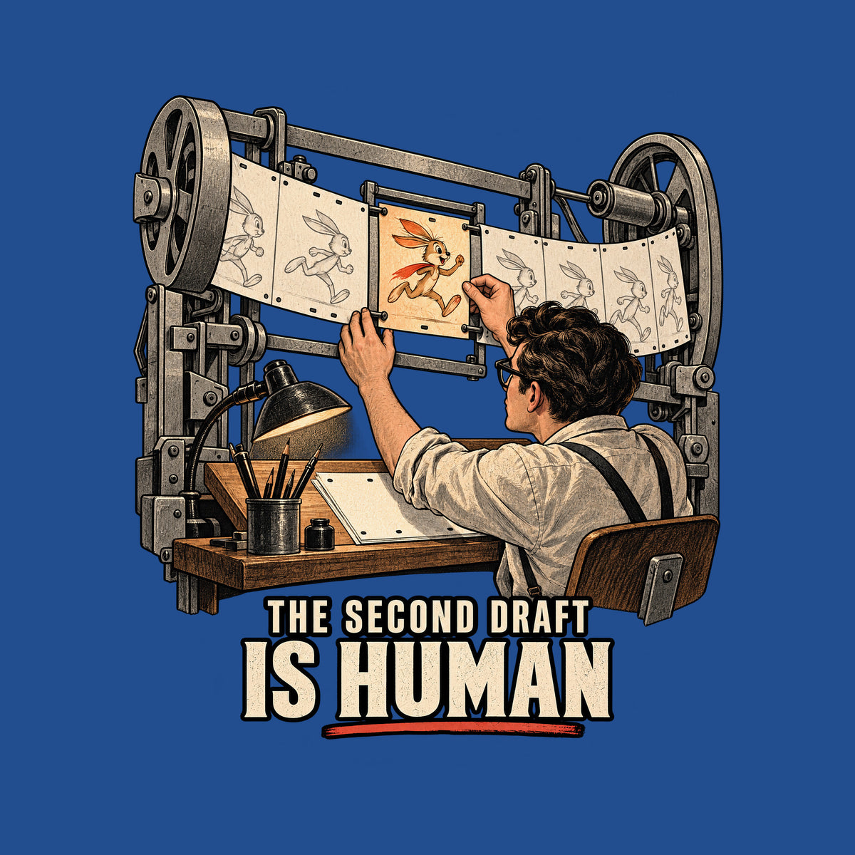 A machine feeds a strip of pale, identical rabbit-frames. An animator slides in one vivid orange keyframe of the same rabbit, alive with expression. Below: THE SECOND DRAFT (small), IS HUMAN (large), underlined in vermilion. Artwork shown on the Royal garment colour.