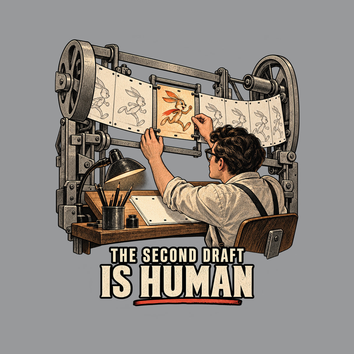 A machine feeds a strip of pale, identical rabbit-frames. An animator slides in one vivid orange keyframe of the same rabbit, alive with expression. Below: THE SECOND DRAFT (small), IS HUMAN (large), underlined in vermilion. Artwork shown on the Sport Grey garment colour.