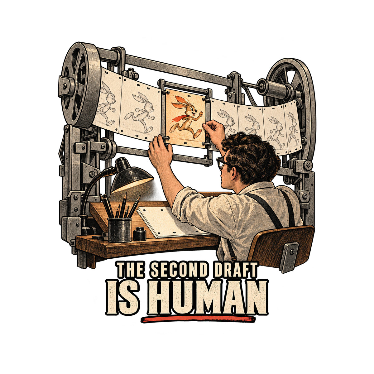 A machine feeds a strip of pale, identical rabbit-frames. An animator slides in one vivid orange keyframe of the same rabbit, alive with expression. Below: THE SECOND DRAFT (small), IS HUMAN (large), underlined in vermilion. Artwork shown on the White garment colour.