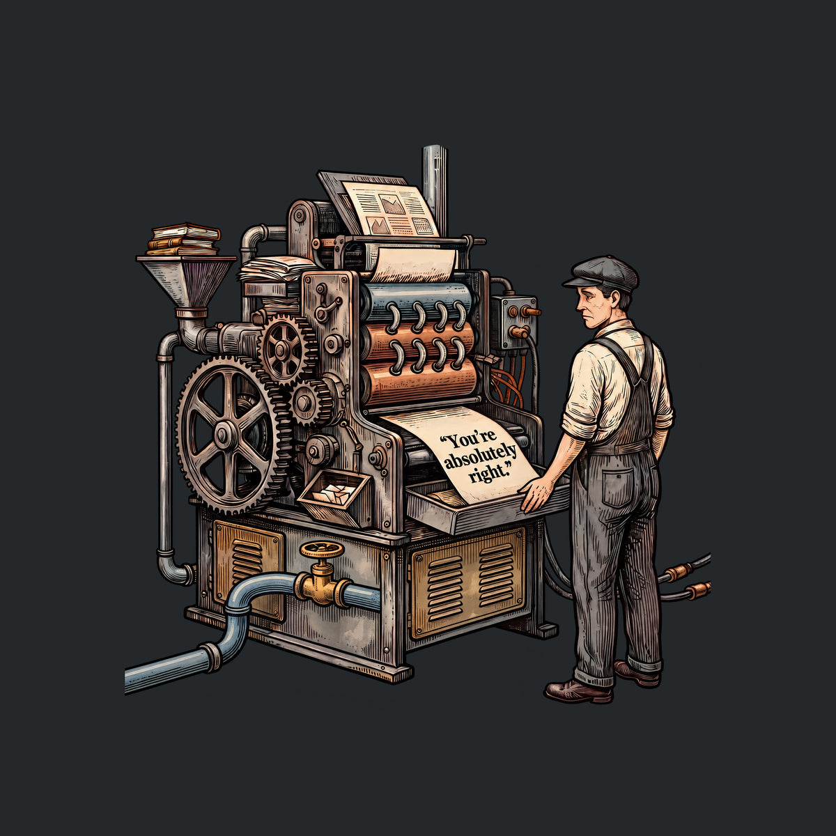Engraved illustration of an antique printing press with gears, rollers, a water pipe and valve, and power cables, fed by a hopper of books. A worker in cap and overalls watches it print a sheet reading "You're absolutely right." Artwork shown on the Black garment colour.