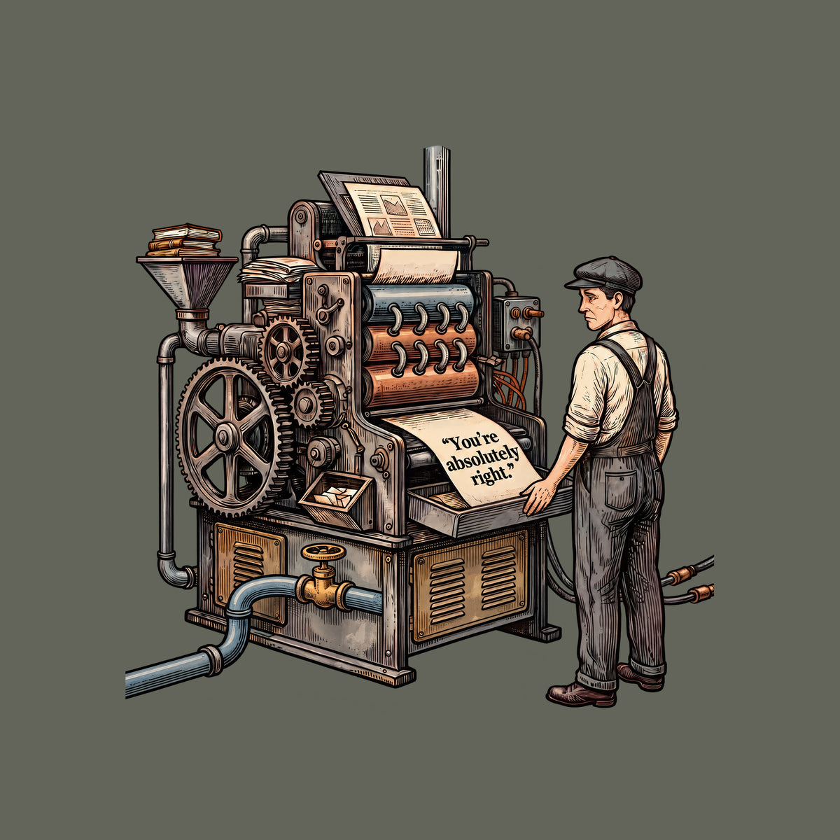 Engraved illustration of an antique printing press with gears, rollers, a water pipe and valve, and power cables, fed by a hopper of books. A worker in cap and overalls watches it print a sheet reading "You're absolutely right." Artwork shown on the Military Green garment colour.