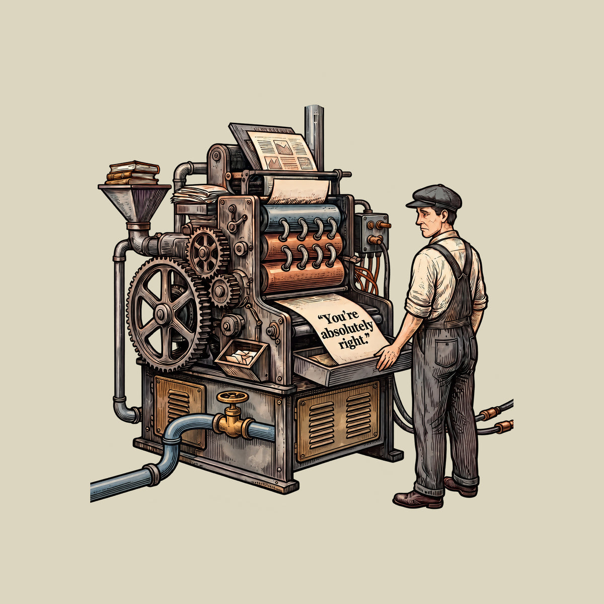 Engraved illustration of an antique printing press with gears, rollers, a water pipe and valve, and power cables, fed by a hopper of books. A worker in cap and overalls watches it print a sheet reading "You're absolutely right." Artwork shown on the Natural garment colour.