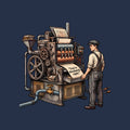 Engraved illustration of an antique printing press with gears, rollers, a water pipe and valve, and power cables, fed by a hopper of books. A worker in cap and overalls watches it print a sheet reading "You're absolutely right." Artwork shown on the Navy garment colour.