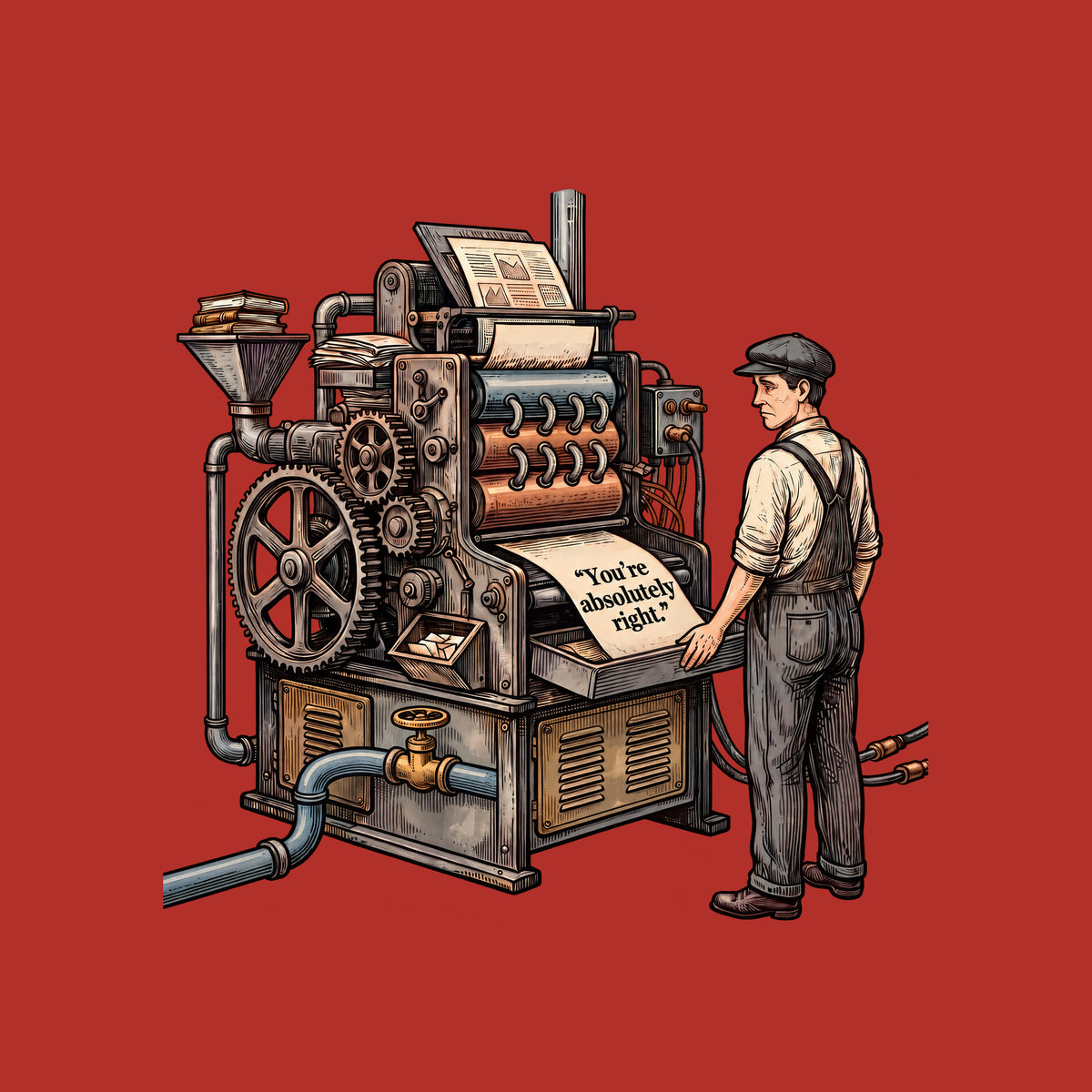 Engraved illustration of an antique printing press with gears, rollers, a water pipe and valve, and power cables, fed by a hopper of books. A worker in cap and overalls watches it print a sheet reading "You're absolutely right." Artwork shown on the Red garment colour.