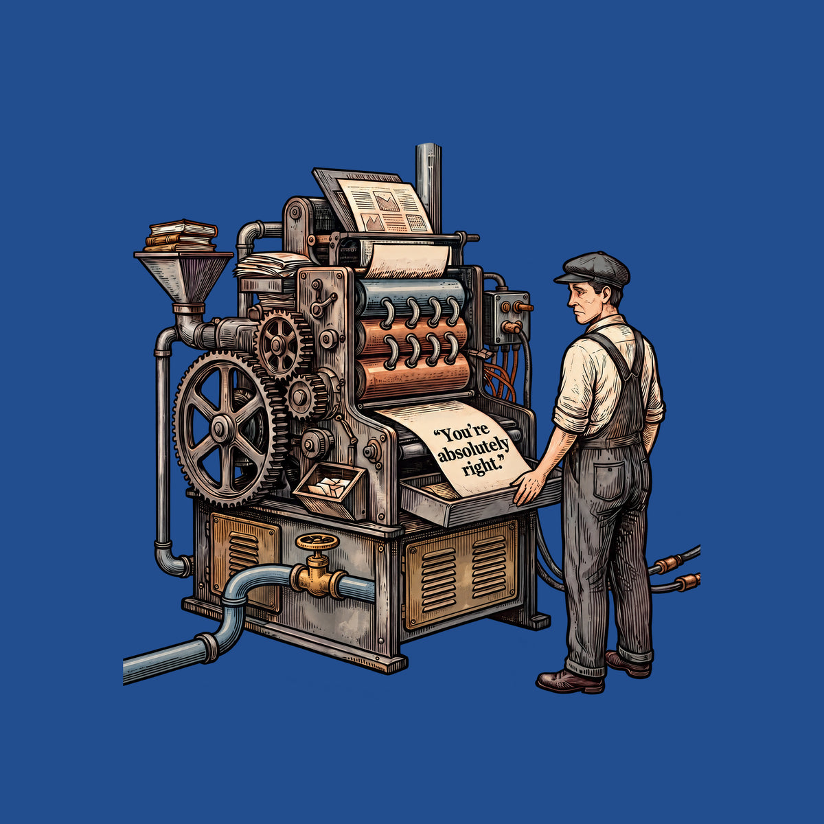 Engraved illustration of an antique printing press with gears, rollers, a water pipe and valve, and power cables, fed by a hopper of books. A worker in cap and overalls watches it print a sheet reading "You're absolutely right." Artwork shown on the Royal garment colour.