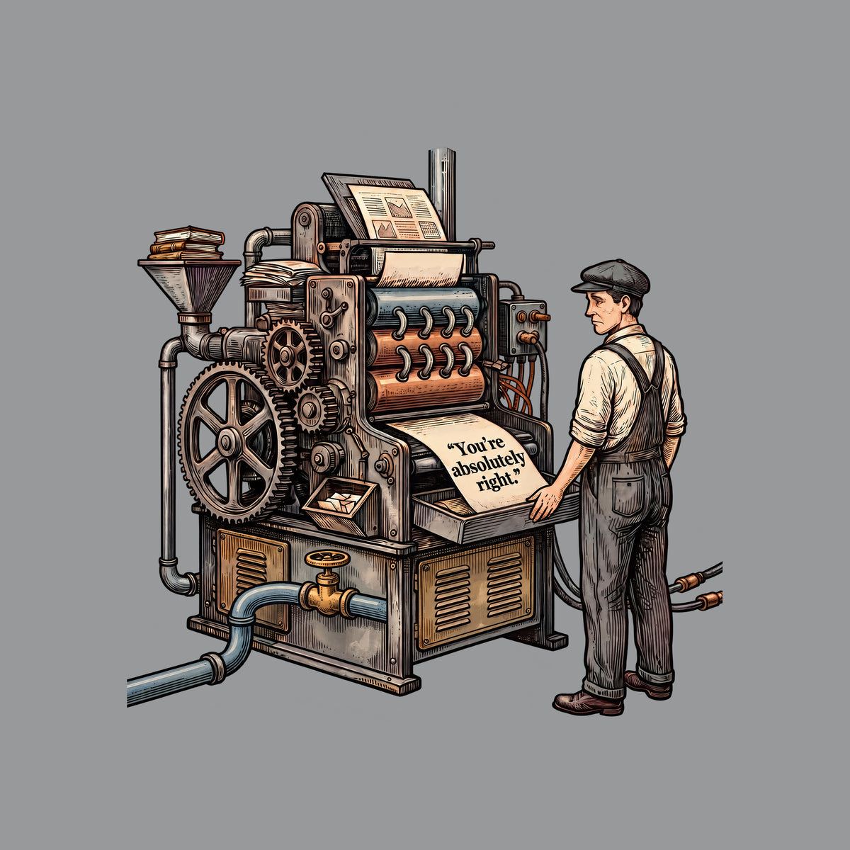 Engraved illustration of an antique printing press with gears, rollers, a water pipe and valve, and power cables, fed by a hopper of books. A worker in cap and overalls watches it print a sheet reading "You're absolutely right." Artwork shown on the Sport Grey garment colour.